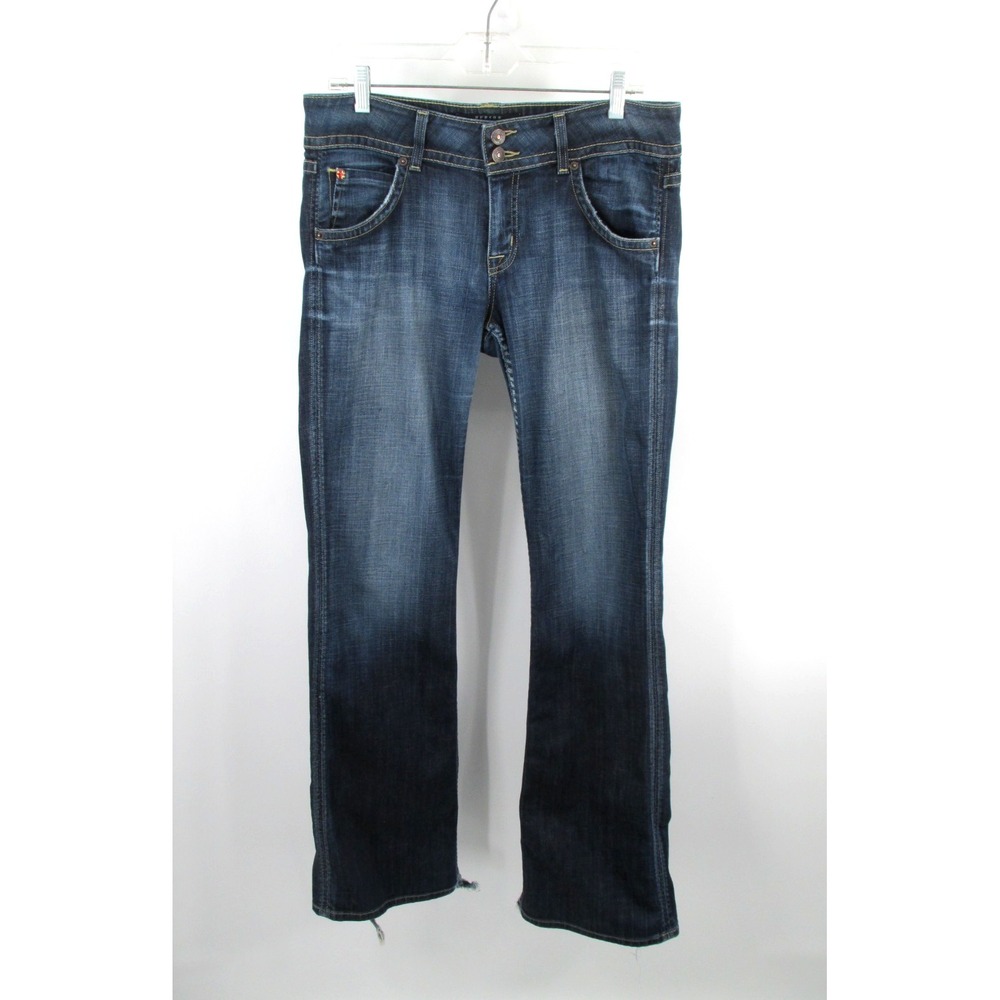 HUDSON Women Blue Straight Leg Jeans 31 Mid Rise Flap Pockets Stretch Raw Hem